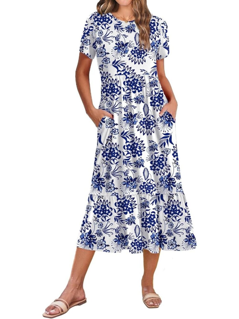 Summer Midi A-Line Dress for Women - Short Sleeve, Flowy, Tiered, Beachy with